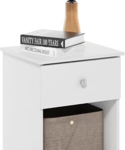Furinno Lucca, Mesa Auxiliar, mesita de Noche con un cajón, Madera de ingeniería, White, 1 Pack