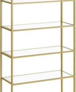 VASAGLE Estantería de Cristal de 6 Niveles, Librería, Expositor, Cristal Templado, Fácil de Montar, para Baño, Salón, Dormitorio, Oficina, Dorado Metálico LGT503A01