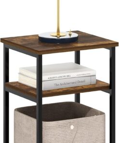 Furinno Solo Mesa Auxiliar de Marco de Metal con estantes de Almacenamiento, Madera, Pino Ámbar, Paquete de 1