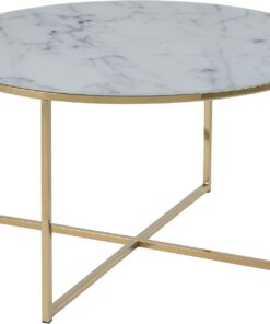 AC Design Furniture Antje Mesa de Centro Redonda, Ø: 80 x 45 cm, Áspecto Mármol Blanco/Oro, Vidrio/Metal