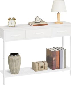 MAHANCRIS Mesa Moderna de Recibidor con Cajones en PU y Estante, Consola de Entrada de 97 x 24 x 73 cm, Mesa Auxiliar, Consola para Entrada, Salón o Dormitorio, Blanco ACTWT3301