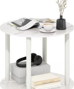 Furinno Turn-N-Tube Mesa Auxiliar Redonda de Madera de 2 Niveles, Engineered Wood, Blanco Mármol, 1 Pack