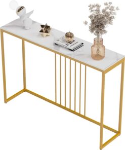 FATIVO Mesa Consola Dorada Entrada Recibidor: Mesa Pasillo Estrecha de Piedra Sinterizada Mesa Auxiliar Sencillo Nórdico Marmol Elegante para Radiador Salón Cocina Dormitorio 120x30x79 cm
