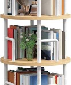 MAHANCRIS Estantería Giratoria de 5 Niveles, Display girevole a 360°,Librería de Pie con Barras de Seguridad, para Sala, Dormitorio o Despacho, Madera Natural y Blanco ABKBN4501
