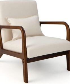 FANTASK Sillón Moderno Individual de Madera con reposabrazos, sillón Acolchado para salón, Dormitorio, 65 x 79 x 77 cm, Color Beige