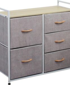 BAKAJI Cómoda de Tela con 5 cajones, Estructura de Metal y Parte Superior de MDF, Mueble versátil y Espacioso, Ideal para Entrada, Dormitorio, salón, 77,5 x 83 x 29 cm (Gris)