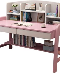 Escritorio de Madera Maciza con estantería - Banco de Trabajo for Oficina en casa con cajón, Mesa de Estudio for computadora portátil(Pink,100 * 60 * 112CM)