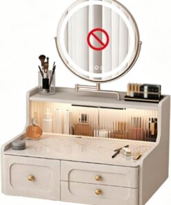Tocador Flotante con Cajones e Iluminación LED, Mesa de Maquillaje de Madera Montada en la Pared Puertas Correderas de Vidrio, Escritorio de Joyería Dormitorio(60cm/23.6in)