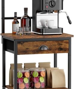 YMYNY Estante de Cocina, Porta - Cafés de Madera con 5 Niveles, Estante para Máquina de Café, Organizador con 12 Ganchos, Cajones de Tela, para Sala, Oficina, Marrón y Negro HBR009H