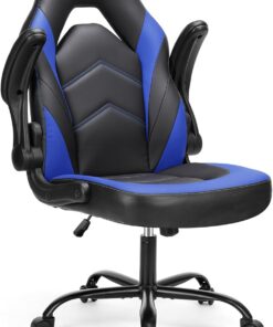 Sweetcrispy Computer Gaming Desk - Silla de Oficina ergonómica giratoria Ajustable de Piel sintética con reposabrazos abatible, Color Negro y Azul, 25,39" D x 27,76" W x 45.67" H