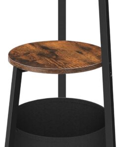 HOOBRO Mesa Auxiliar Redonda de 3 Niveles con Estantes y Bolsillo de Tela, Mesita de Noche, Mesa de Centro Pequeña para Espacios Reducidos, Dormitorio, Marrón Rústico y Negro EBFB169BZ01