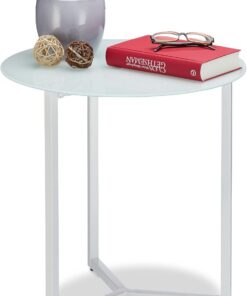 Relaxdays Mesa Auxiliar Redonda, Cristal-Metal, Blanco, 51 x 50 x 50 cm