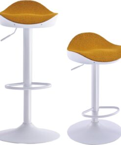 Kidol & Shellder Taburetes Altos de Cocina Sillas de Comedor Juego de 2 Blanco Amarillo Forro Polar Teddy Cojín de Asiento con Respaldo Giratorio 360° Ajustable en Altura de PU y Metal Hogar Bistro