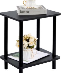 Mesita Auxiliar Pequeña de 2 Niveles, Negro, 40x30x47.5 cm | Mesa de Noche Estrecha con Espacio de Almacenamiento,Funcional Muebles de Salon,para Dormitorio,Balcón,Sala de Estar