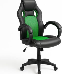 BAKAJI Silla Gaming Racer direccional para Oficina, ergonómica, Estilo Deportivo, Sillón de Escritorio Racing con 4 Ruedas, giratoria hasta 360°, de Piel sintética Negra con Tela (Green)