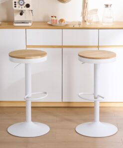 Kidol & Shellder Taburetes de Bar Juego de 2, Madera Maciza, Giratorio de 360°, Ajustable taburetes de mostrador, Vintage Industrial,Blanco