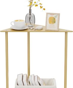 Yawinhe Mesa Auxiliar en Forma de Triángulo,1 Pack Mesita de Sofa,Dorado | Mesita de Café con Base de Metal;Mesas de Noche para Espacios Pequeños,Auxiliar Redonda para Sala de Estar Rincones