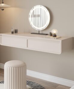 Tocador Flotante de Madera Blanca con Cajones, Mesa de Maquillaje Montada en la Pared con Esquinas Redondeadas, Escritorio Flotante Tipo Estante para Dormitorio(100cm/39.4in)
