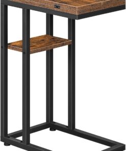 HOOBRO Mesa Auxiliar Plegable en Forma de C, Mesa de Café de Estilo Industrial con Estante de Almacenamiento para Salón, Dormitorio, Marrón Vintage EBF29SF01