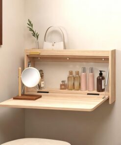 Tocador Plegable Invisible de Pared de Madera, Mesa Flotante Abatible de Maquillaje con Espejo, Estante Escritorio para Portátil, Capacidad de Carga de 110 LB(Natural Wood,76cm/29.9in)
