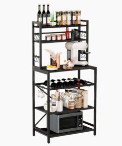 YMYNY Estantería de Cocina, Estantería de Panadería, para Microondas, Botellero Regulable en Altura, Marcos Metálicos, Estilo Industrial, 58 x 39 x 144CM, Negro HBR003B