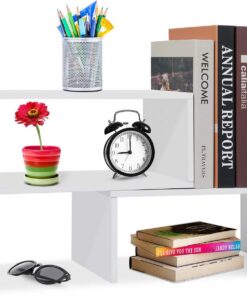 Estante de escritorio de madera, estantería pequeña, color blanco, organizador de escritorio, organizador de escritorio ajustable para oficina, cocina (blanco)