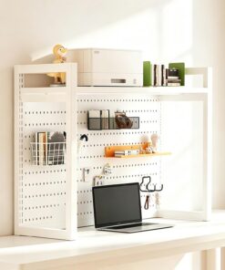 Soporte Monitor Escritorio con Panel Perforado, Elevador Estantería de Metal para Setup Gaming, Organizador de Mesa con 30cm Profundidad para Dormitorio(White-Single Tier,70cm/27.5in)