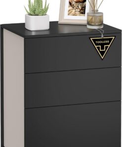 VASAGLE Mesita de Noche, Snapsemble Montaje Súper Rápido, Mesa Auxiliar con 3 Cajones, Moderna, Dormitorio, Sala de Estar, Negro Tinta y Beige Capuchino LET778B01