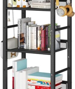 YMYNY Estantería de 5 Niveles, Librería, Biblioteca, Estante de Almacenamiento, con Gancho en S de 8 Piezas, Marco Metálico, Estilo Minimalista, para Sala de Estar, Oficina, Baño, Negro HBC055B