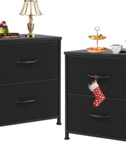 DUMOS Cómoda para Dormitorio con 2 cajones de Tela, Organizador Alto para Ropa, Armario de habitación Infantil, Torre de Almacenamiento con Armario, Marco de Metal, Tablero de Madera, Muebles Ligeros