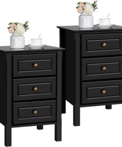 Yaheetech 2X Mesitas de Noche con Tres Cajones 40x40x60 cm | Mesillas de Noche de Estilo Vintage Mesas de Auxiliares de Madera para Dormitorio Salon Negra
