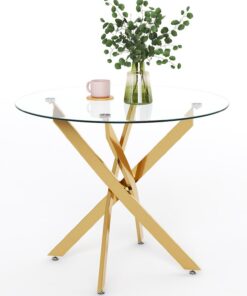 GOLDFAN Mesa de comedor redonda de cristal moderna con patas de metal dorado para comedor (80 cm, dorado)