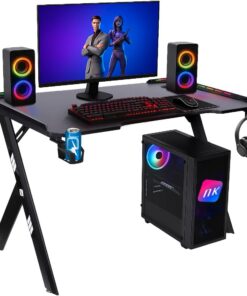 NK Mesa Escritorio Gaming con LED (120X60cm) - Portavasos y Botellas, Soporte para Auriculares/Cascos, Gestión de Cables, Gaming Desk, Tabla 1.5cm (Resistencia) Peso Máximo Soportado 100kg