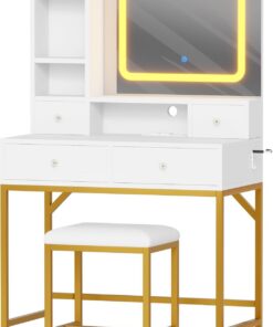Moderna mesa de tocador blanca y dorada con espejo LED tricolor, 4 cajones, 6 estantes de almacenamiento, estación de carga USB, escritorio de maquillaje de dormitorio para mujeres y