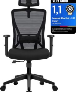 Durrafy Silla de oficina ergonómica, silla de escritorio con reposacabezas lumbar ajustable y reposabrazos, silla de oficina con soporte hasta 150 kg, transpirable y cómoda, silla giratoria de malla