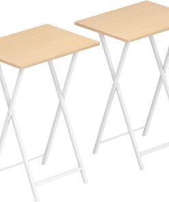 HOOBRO Plegable Mesa Auxiliar de 2, Mesa Lateral para Sofá, Escritorio Pequeño para Portátil, pequeño Plegable Mesa de TV, Fácil Almacenamiento Estructura, Blanco y Madera Natural EWN25BZ01
