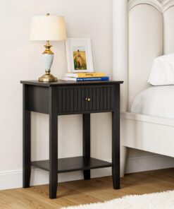 HEYZOEY Mesita de noche retro con 1 cajón, mesita de noche de madera maciza, mesita de noche boho para dormitorio, sala de estar, color negro
