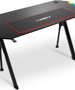 Drift Gaming DRDZ175RGB – Mesa Gaming con Tablero de Fibra de Carbono, Laterales RGB reactivos al Sonido, Alfombrilla XL, Soporte para Bebidas y Auriculares, Color Negro