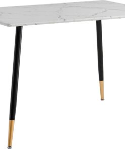 Mesa de Comedor de diseño escandinavo con Tapa de Papel de mármol Blanco y Patas de Metal Negro y Dorado para Cocina, Comedor, salón, Blanco, 110 x 70 x 75 cm