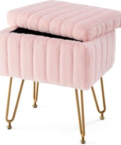 Sweetcrispy Taburete de tocador con Almacenamiento, 18.9 Pulgadas de Alto x 16 Pulgadas de Largo x 12.2 Pulgadas de Ancho, Silla otomana de Piel sintética Acolchada Suave para Maquillaje, reposapiés