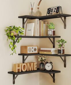 BAKAJI Juego de 4 estantes de Madera angulares, estantería esquinera para Montaje en Pared, Barras de Metal, estantería para Dormitorio, salón, Cocina, baño, librería Que Ahorra Espacio (Negro)