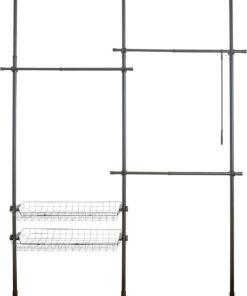 WENKO Sistema telescópico Herkules Duo en negro, con 3 barras de ropa y 2 cestas de almacenamiento, adaptable a diferentes habitaciones, 164-215 x 165-300 x 38 cm, de metal con recubrimiento de polv