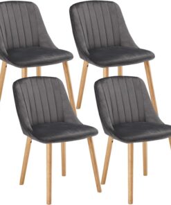Juego de 4 sillas de comedor tapizadas para sala de estar con patas de madera, silla de cocina de terciopelo, gris oscuro