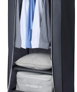Hododou Armario portátil individual de lona, organizador de almacenamiento de ropa con 2 cajones y barra para colgar, armario plegable para ropa, bolsos, juguetes, zapatos, sala de estar, dormitorio,
