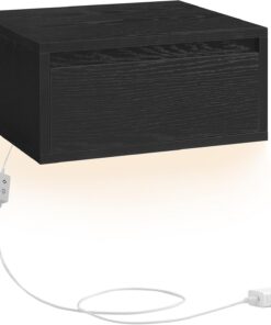 VASAGLE Kailyn Colección - Mesita de Noche Colgante, Luz con 3 Pantallas, Estante de Pared con Cajón, 35 x 40 x 18 cm, Estilo Moderno, Sala de Estar, Dormitorio, Negro Ébano LET654B01