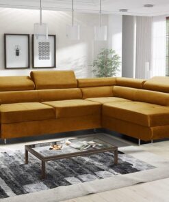 Sofá esquinero moderno en forma de L con función de sueño y caja de cama, sofá de 3 plazas con patas de metal robustas, sofá cama seccional de terciopelo mostaza 277 x 203 x 73 cm, orientación en la