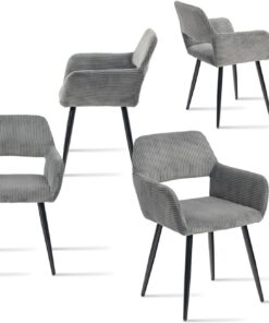 MEUBLE COSY Juego de 4 Sillas de Comedor Escandinavo Sillón Tapizado en Pana con Reposabrazos Patas Metal para Cocina Salón Dormitorio Oficina, Gris
