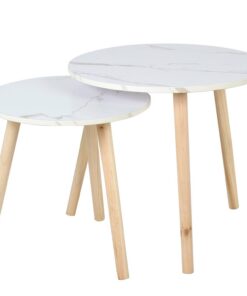 AKTIVE MAX Home Set de 2 mesas auxiliares, D40x44 cm y D50x50 cm, Peso máximo soportado 5kg, Nido, Blancas, Patas de Madera Natural, para salón, Comedor, Oficina (18512)
