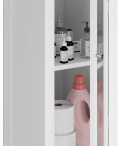 Relaxdays Armario Baño, 81 x 30 x 33 cm, Mueble Auxiliar WC con 2 Compartimentos, Puerta con Ventana, Estrecho, Blanco