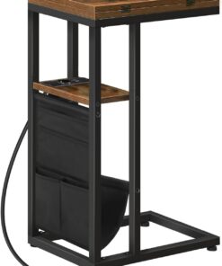 HOOBRO Mesa Auxiliar en Forma de C, Mesa de Café Plegable con Base de Carga y Bolsillos Auxiliares de Almacenaje, Mesa Auxiliar de Sofá, Mesa para Aperitivos, Color Marrón Vintage y Negro EBF101CSF01